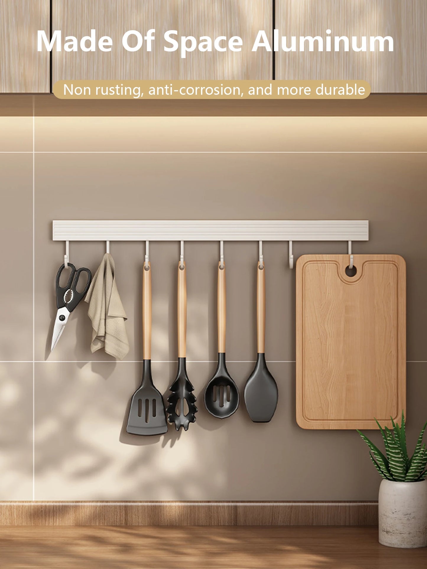 Wall Mounted Kitchen Hook Rack No-Punching Wall Hangers Rail Kitchen Utensils Rack Spoon Shovel Chopping Board Storage Rack