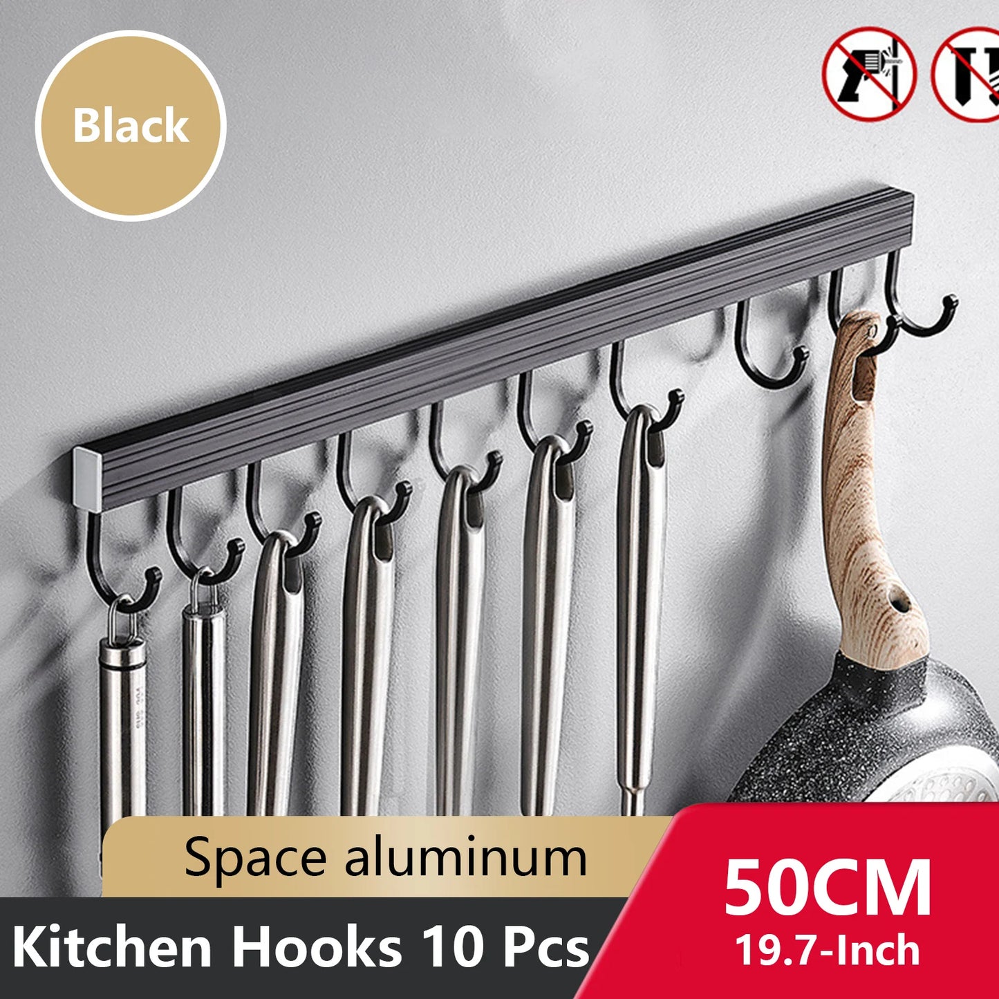 Wall Mounted Kitchen Hook Rack No-Punching Wall Hangers Rail Kitchen Utensils Rack Spoon Shovel Chopping Board Storage Rack