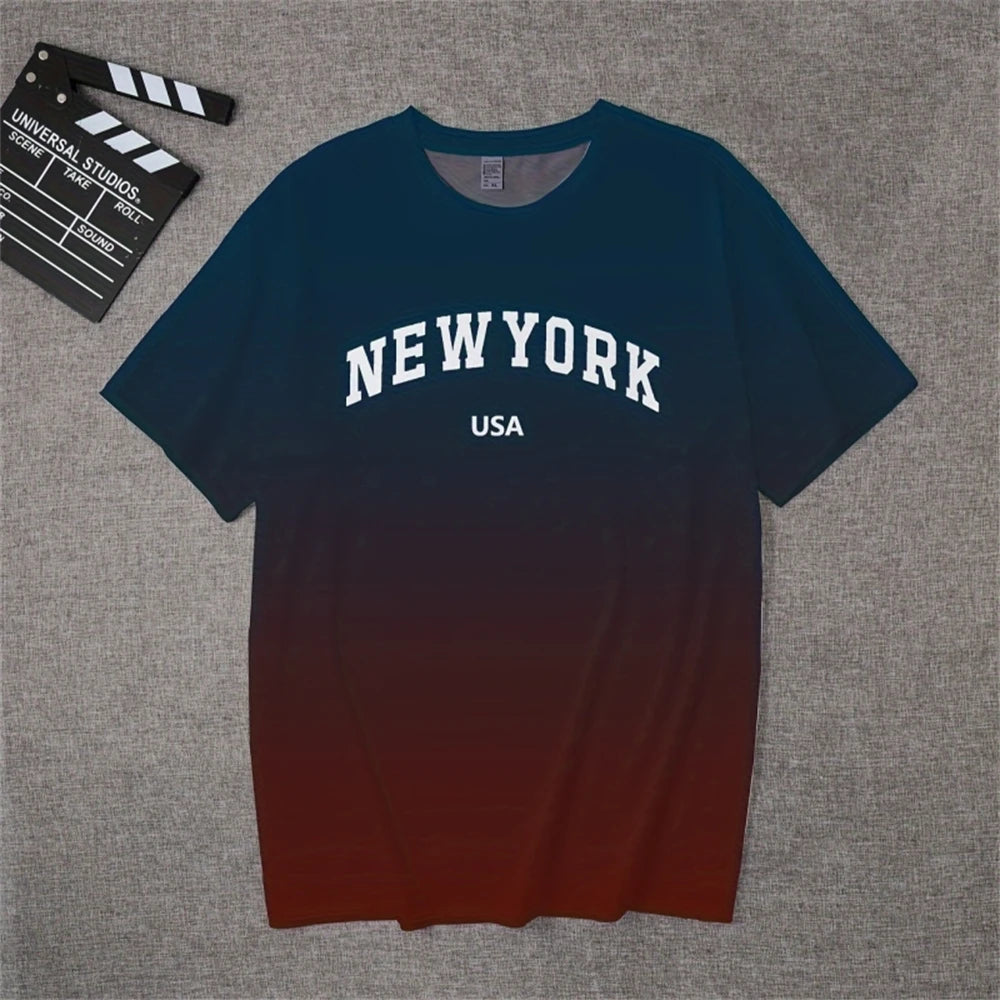 Camiseta de hombre con degradado, estampado 3D de Nueva York, camiseta de manga corta, ropa de calle informal a la moda, jersey para hombre, camiseta sencilla de gran tamaño para hombre