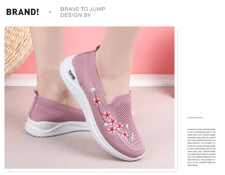 Women’s Breathable Embroidered Sneakers Casual Lightweight Soft Flat Shoes Non Slip Comfortable Walking Shoes