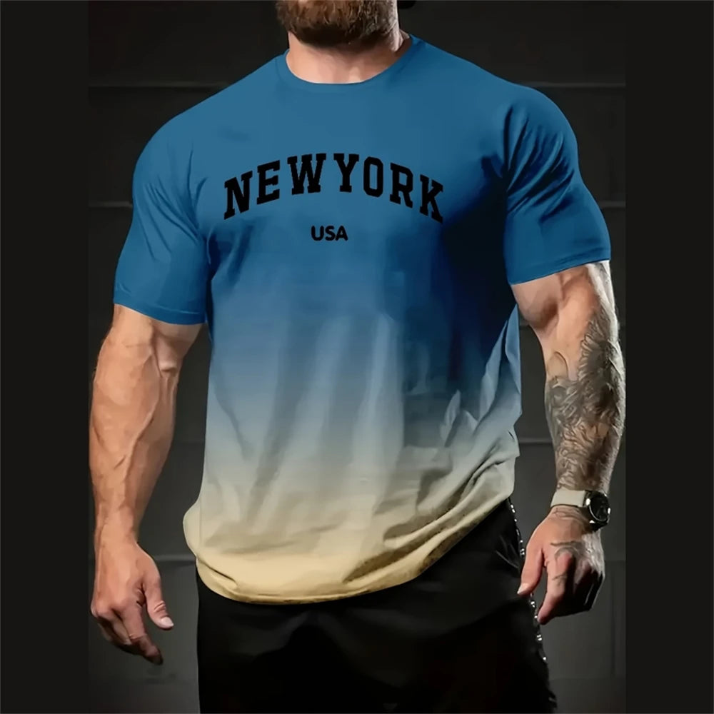 Camiseta de hombre con degradado, estampado 3D de Nueva York, camiseta de manga corta, ropa de calle informal a la moda, jersey para hombre, camiseta sencilla de gran tamaño para hombre
