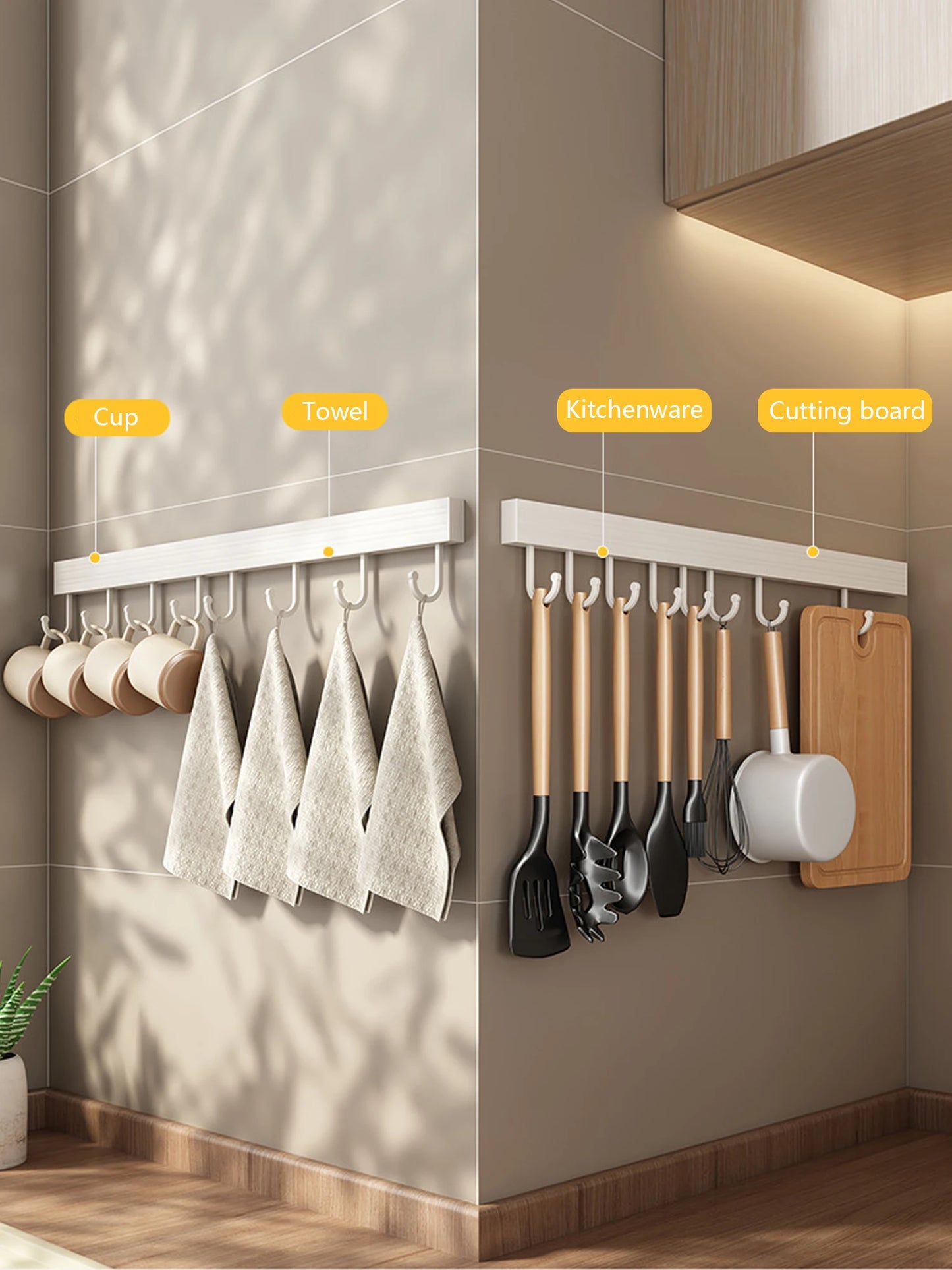 Wall Mounted Kitchen Hook Rack No-Punching Wall Hangers Rail Kitchen Utensils Rack Spoon Shovel Chopping Board Storage Rack