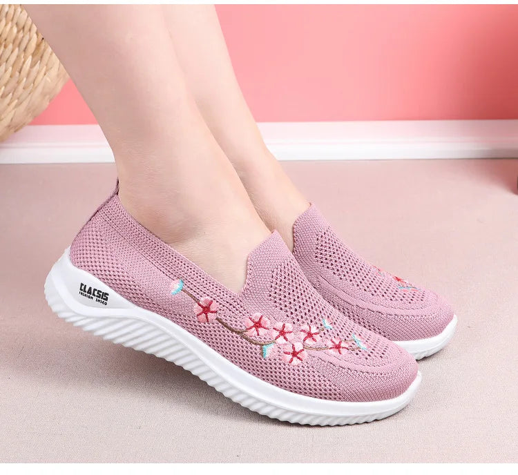 Women’s Breathable Embroidered Sneakers Casual Lightweight Soft Flat Shoes Non Slip Comfortable Walking Shoes