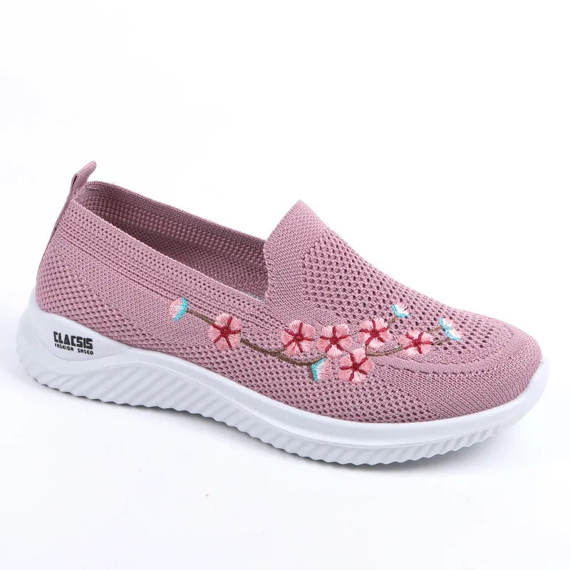 Women’s Breathable Embroidered Sneakers Casual Lightweight Soft Flat Shoes Non Slip Comfortable Walking Shoes
