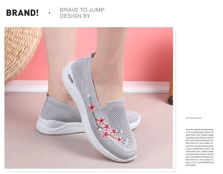 Women’s Breathable Embroidered Sneakers Casual Lightweight Soft Flat Shoes Non Slip Comfortable Walking Shoes