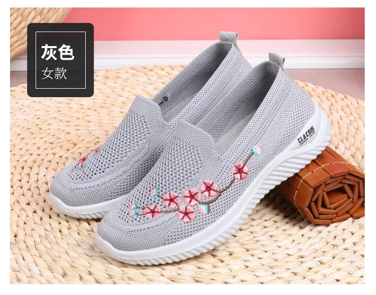 Women’s Breathable Embroidered Sneakers Casual Lightweight Soft Flat Shoes Non Slip Comfortable Walking Shoes