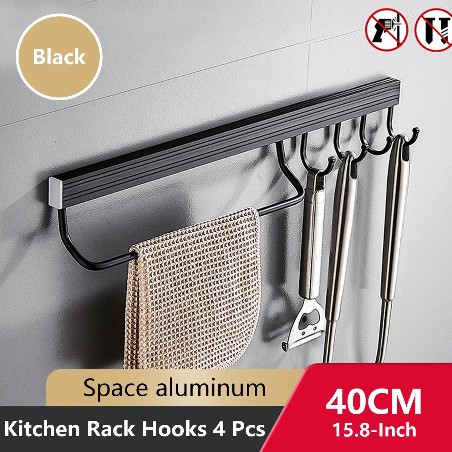 Wall Mounted Kitchen Hook Rack No-Punching Wall Hangers Rail Kitchen Utensils Rack Spoon Shovel Chopping Board Storage Rack