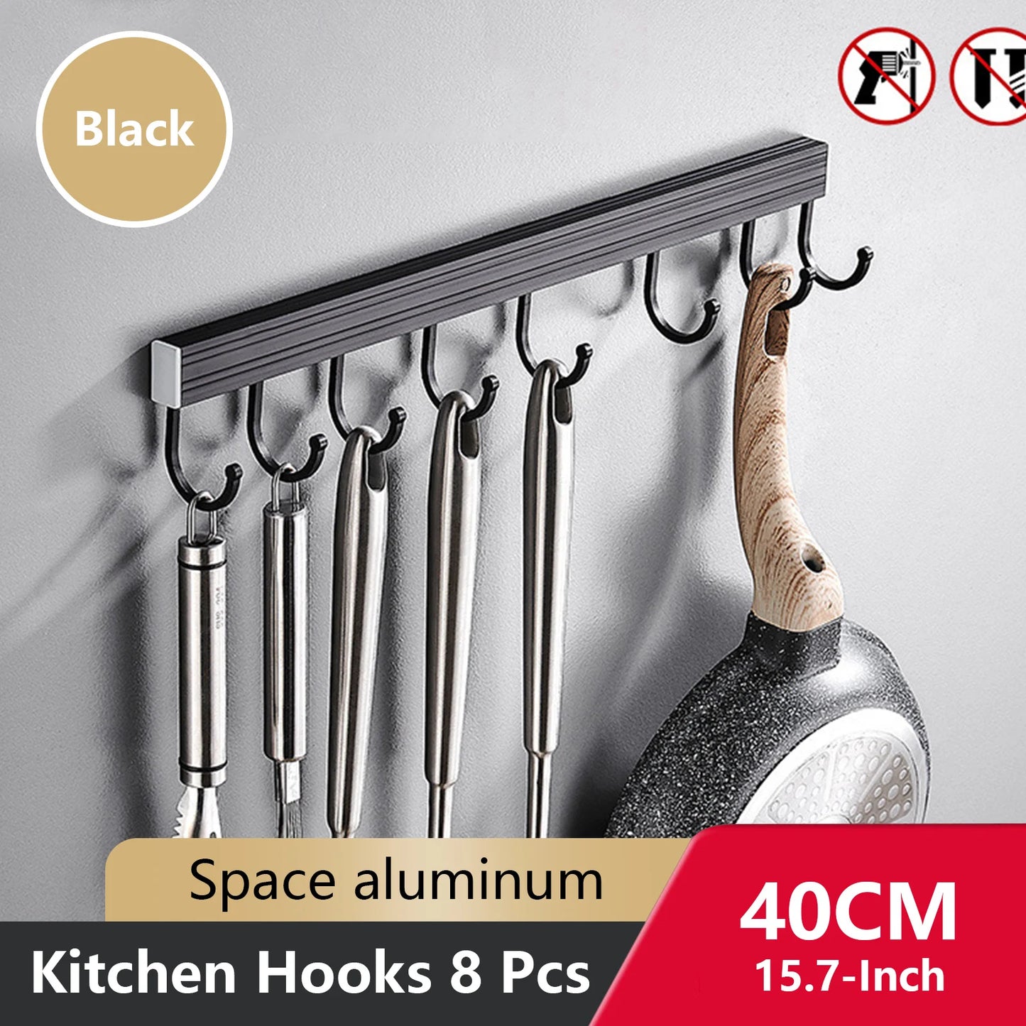 Wall Mounted Kitchen Hook Rack No-Punching Wall Hangers Rail Kitchen Utensils Rack Spoon Shovel Chopping Board Storage Rack