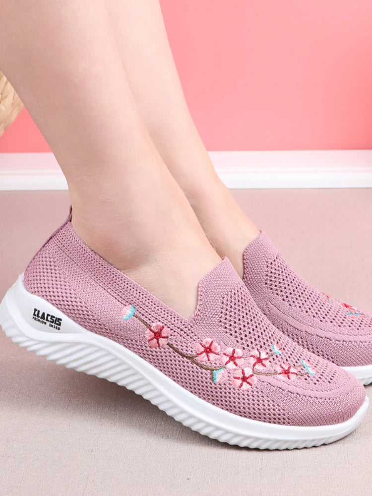 Women’s Breathable Embroidered Sneakers Casual Lightweight Soft Flat Shoes Non Slip Comfortable Walking Shoes