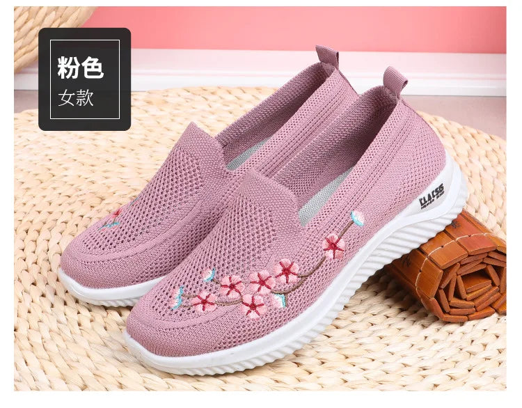 Women’s Breathable Embroidered Sneakers Casual Lightweight Soft Flat Shoes Non Slip Comfortable Walking Shoes