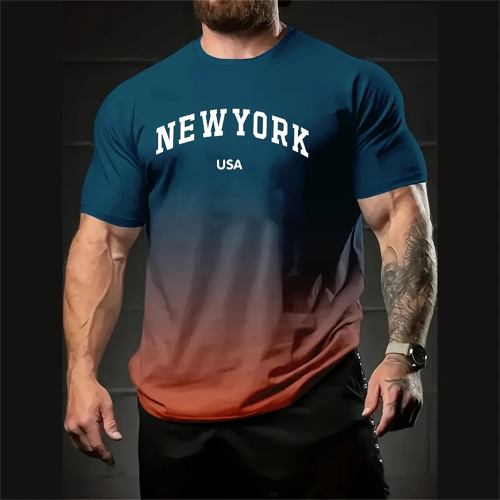 Camiseta de hombre con degradado, estampado 3D de Nueva York, camiseta de manga corta, ropa de calle informal a la moda, jersey para hombre, camiseta sencilla de gran tamaño para hombre