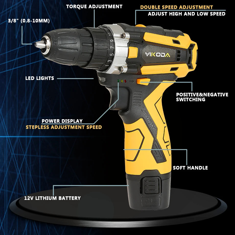 YIKODA 12/16.8/21V Electric Drill Rechargeable Cordless Screwdriver Lithium Battery Household Multi-function 2 Speed Power Tools