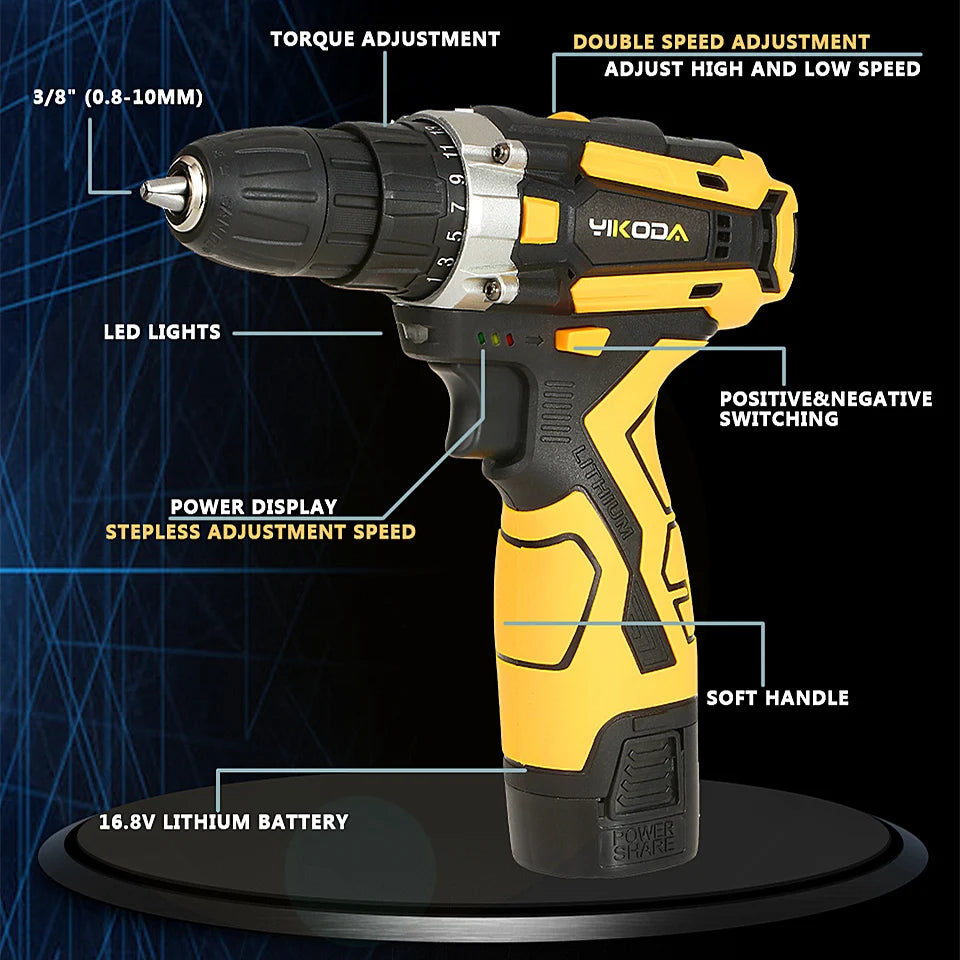 YIKODA 12/16.8/21V Electric Drill Rechargeable Cordless Screwdriver Lithium Battery Household Multi-function 2 Speed Power Tools