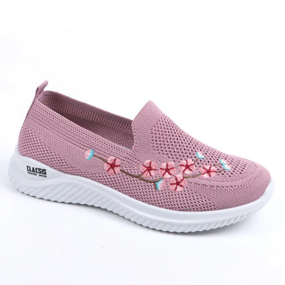 Women’s Breathable Embroidered Sneakers Casual Lightweight Soft Flat Shoes Non Slip Comfortable Walking Shoes