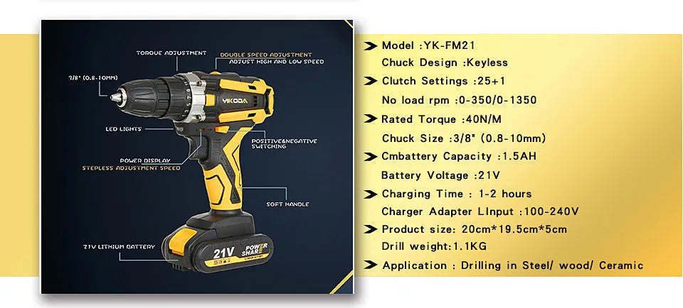 YIKODA 12/16.8/21V Electric Drill Rechargeable Cordless Screwdriver Lithium Battery Household Multi-function 2 Speed Power Tools