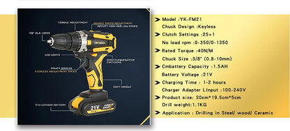 YIKODA 12/16.8/21V Electric Drill Rechargeable Cordless Screwdriver Lithium Battery Household Multi-function 2 Speed Power Tools