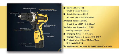 YIKODA 12/16.8/21V Electric Drill Rechargeable Cordless Screwdriver Lithium Battery Household Multi-function 2 Speed Power Tools