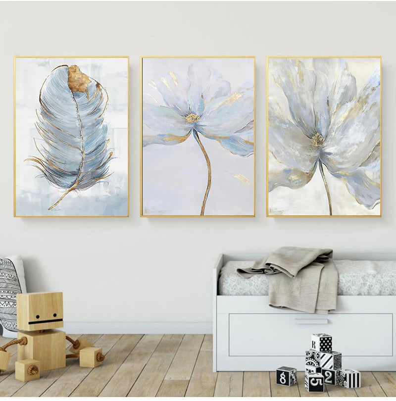 Lienzo con arte de flores escandinavas, pintura abstracta, impresión de plumas, imagen decorativa para sala de estar, póster de pared de decoración nórdica para el hogar