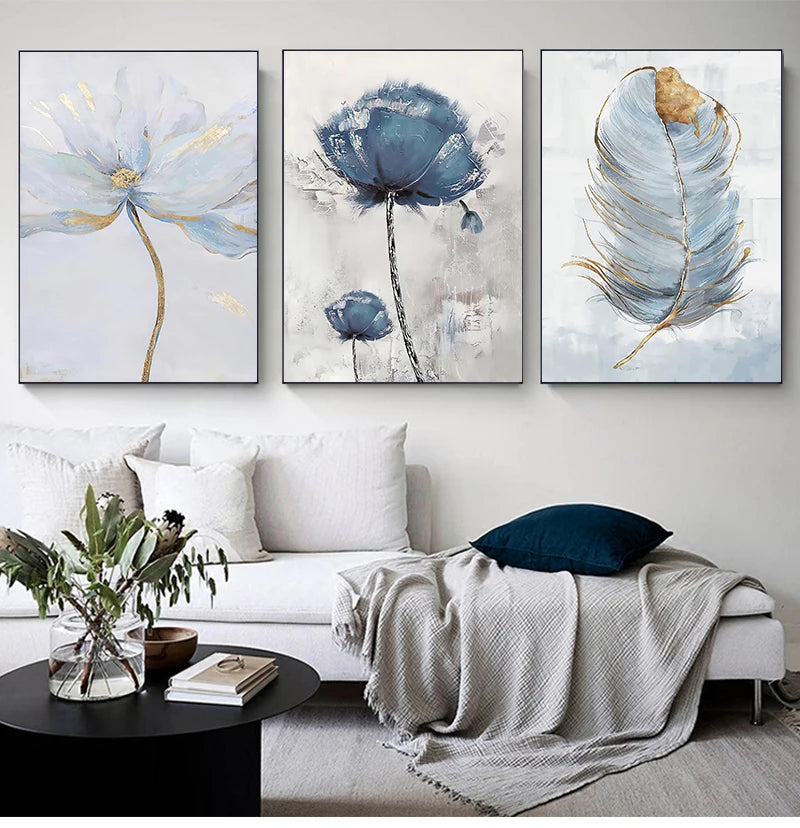 Lienzo con arte de flores escandinavas, pintura abstracta, impresión de plumas, imagen decorativa para sala de estar, póster de pared de decoración nórdica para el hogar