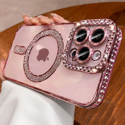 Funda magnética transparente con purpurina de cristal rosa para iPhone