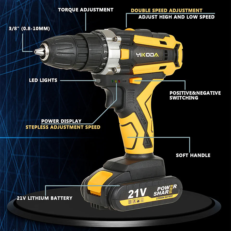 YIKODA 12/16.8/21V Electric Drill Rechargeable Cordless Screwdriver Lithium Battery Household Multi-function 2 Speed Power Tools