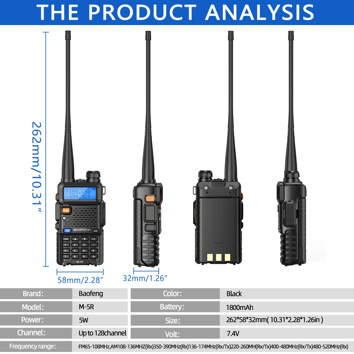 Baofeng M-5R Walkie Talkie de banda aérea de banda completa