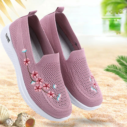 Women’s Breathable Embroidered Sneakers Casual Lightweight Soft Flat Shoes Non Slip Comfortable Walking Shoes