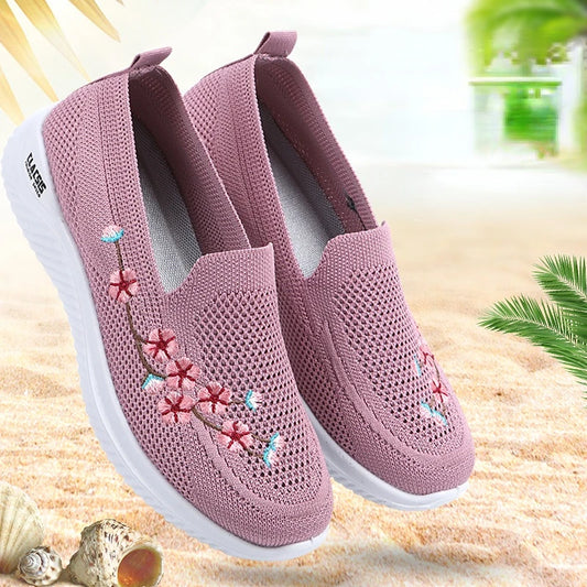 Women’s Breathable Embroidered Sneakers Casual Lightweight Soft Flat Shoes Non Slip Comfortable Walking Shoes