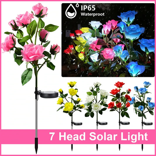 Luces LED solares de 7 cabezales con forma de rosa