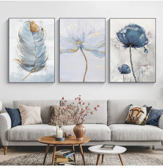 Lienzo con arte de flores escandinavas, pintura abstracta, impresión de plumas, imagen decorativa para sala de estar, póster de pared de decoración nórdica para el hogar