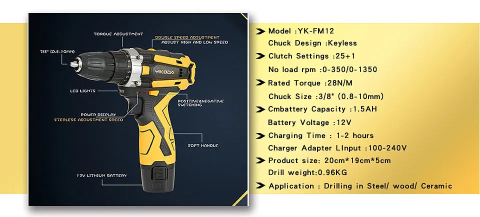 YIKODA 12/16.8/21V Electric Drill Rechargeable Cordless Screwdriver Lithium Battery Household Multi-function 2 Speed Power Tools